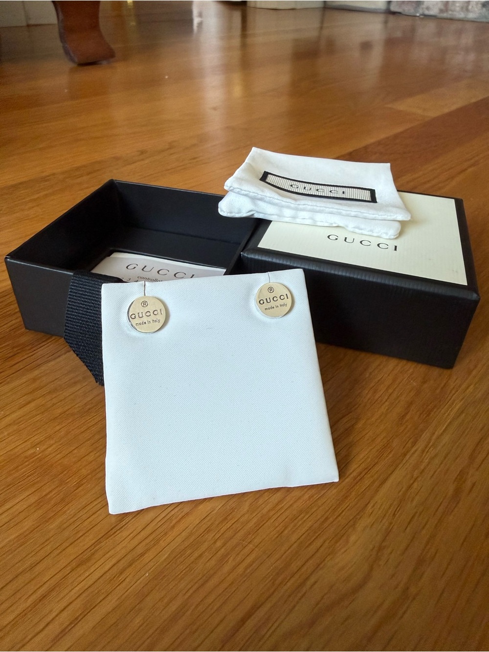 Gucci Sterling Silver Logo Trademarked Engraved Round Stud Earrings